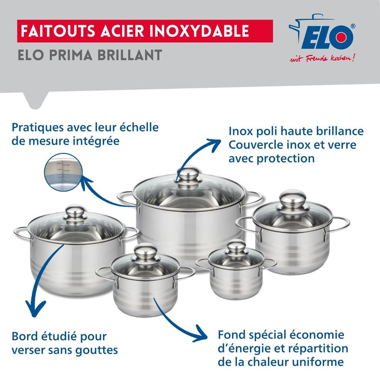 Ensemble de 2 Poêles de cuisson 24 et 28 cm et 5 faitouts 12, 14, 16, 20 et 24 cm Elo Profi Brillant