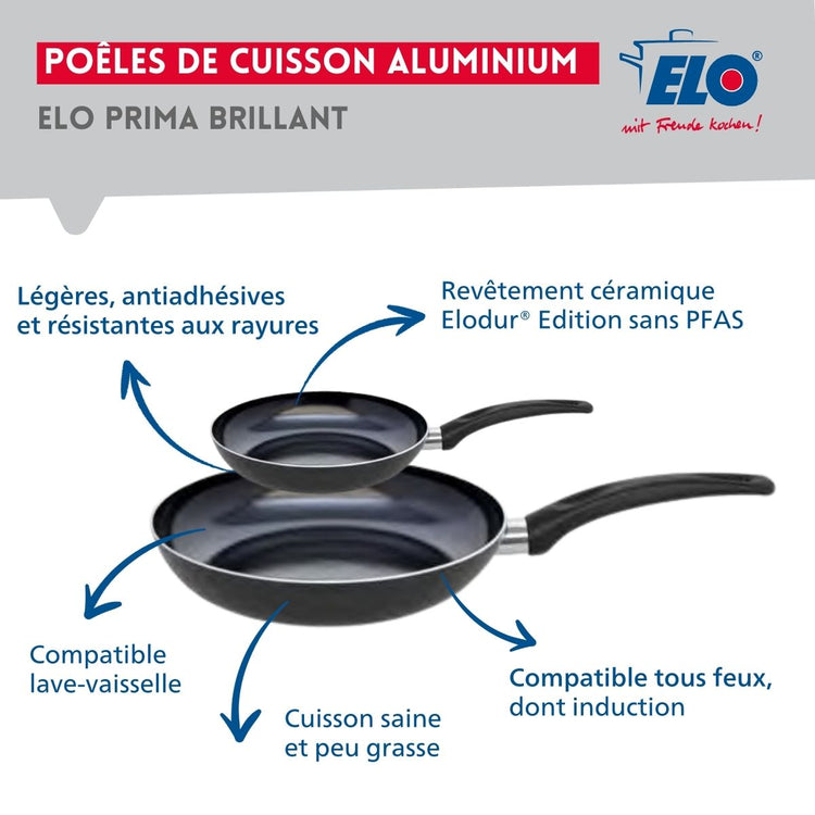 Ensemble de 2 Poêles de cuisson 20 et 32 cm et 2 faitouts 14 et 16 cm Elo Prima Brillant