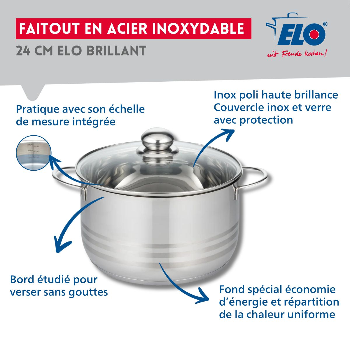 Faitout haut en acier inoxydable sans PFAS 24 cm Elo Brillant 