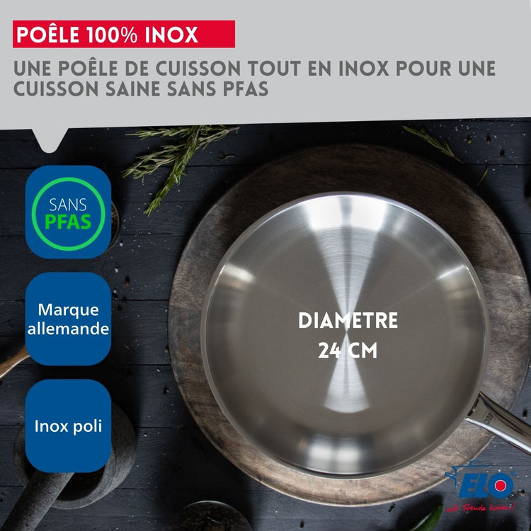 Poêle à frire 24 cm en inox 18/10 sans revêtement de 1,7 litres Elo Profi Therm