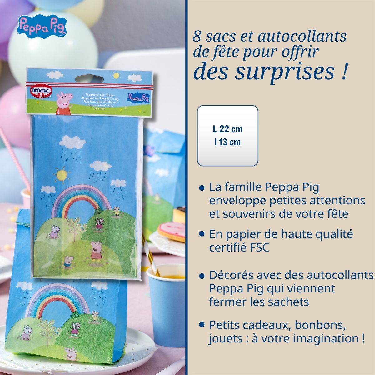 8 pochettes cadeaux avec autocollants Dr. Oetker Peppa Pig