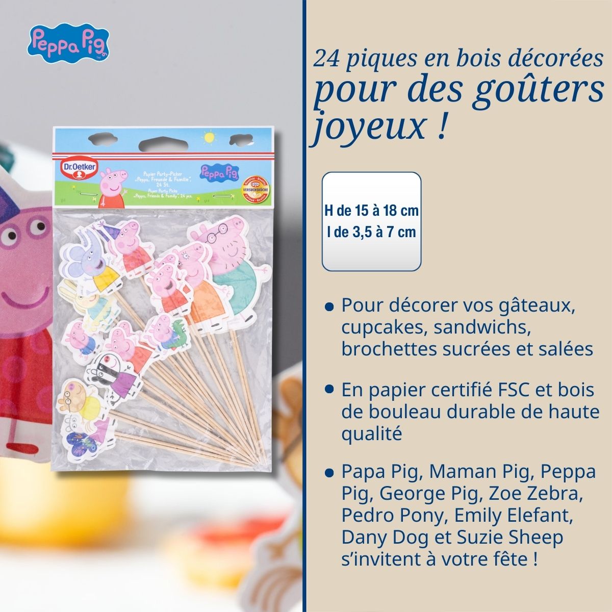 24 piques en bois décorés pour fêtes et anniversaires Dr. Oetker Peppa Pig