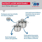 Ensemble de 1 Poêle de cuisson 32 cm et 2 faitouts 14 et 16 cm Elo Prima Brillant