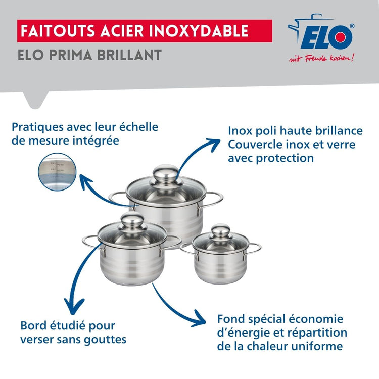 Ensemble de 1 Poêle de cuisson 28 cm et 3 faitouts 12, 14 et 16 cm Elo Profi Brillant