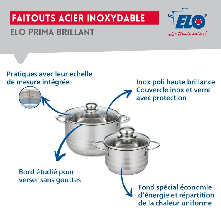 Ensemble de 3 Poêles de cuisson 24, 28 et 32 cm et 2 faitouts 14 et 20 cm Elo Profi Brillant