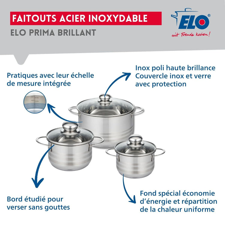 Ensemble de 3 Poêles de cuisson 24, 28 et 32 cm et 3 faitouts 14, 16 et 20 cm Elo Profi Brillant