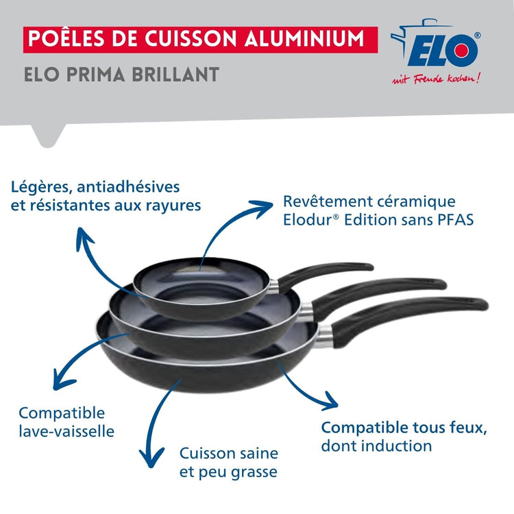 Ensemble de 3 Poêles de cuisson 20, 28 et 32 cm et 3 faitouts 14, 16 et 20 cm Elo Prima Brillant