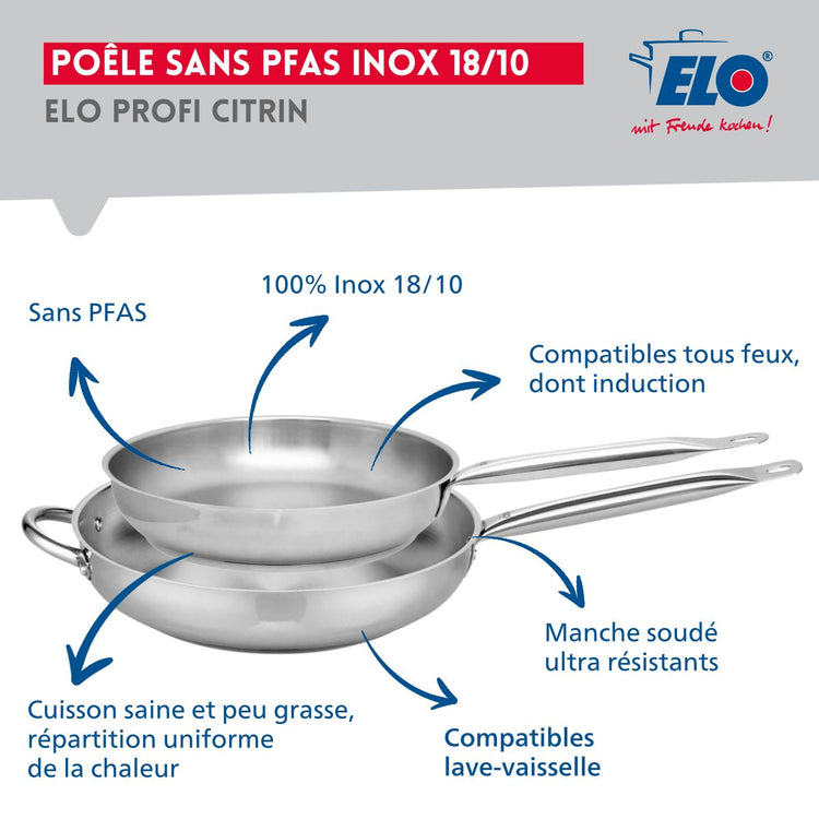 Ensemble de 2 Poêles de cuisson 28 et 32 cm et 3 faitouts 14, 16 et 20 cm Elo Profi Brillant