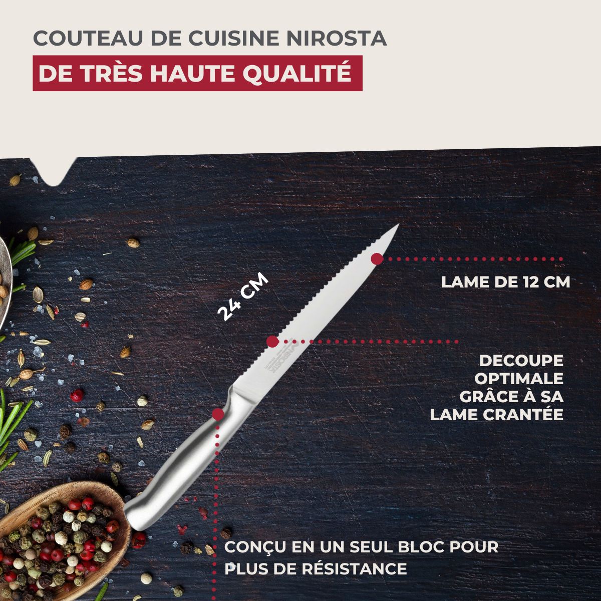 Couteau de cuisine professionnel lame crantée Nirosta Star