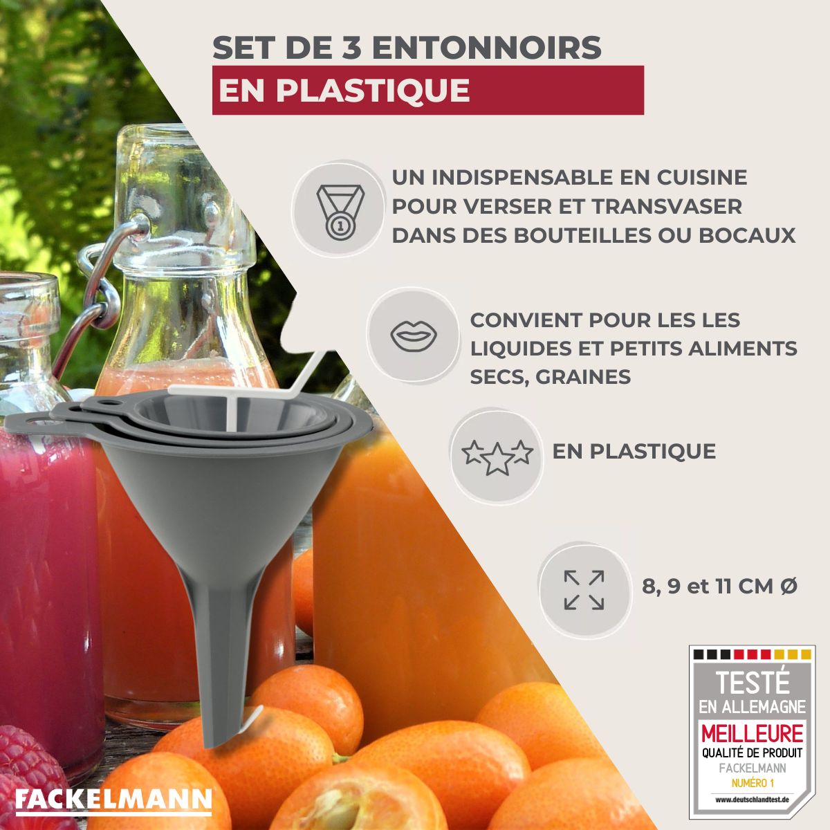 Lot de 3 entonnoirs en plastique Fackelmann