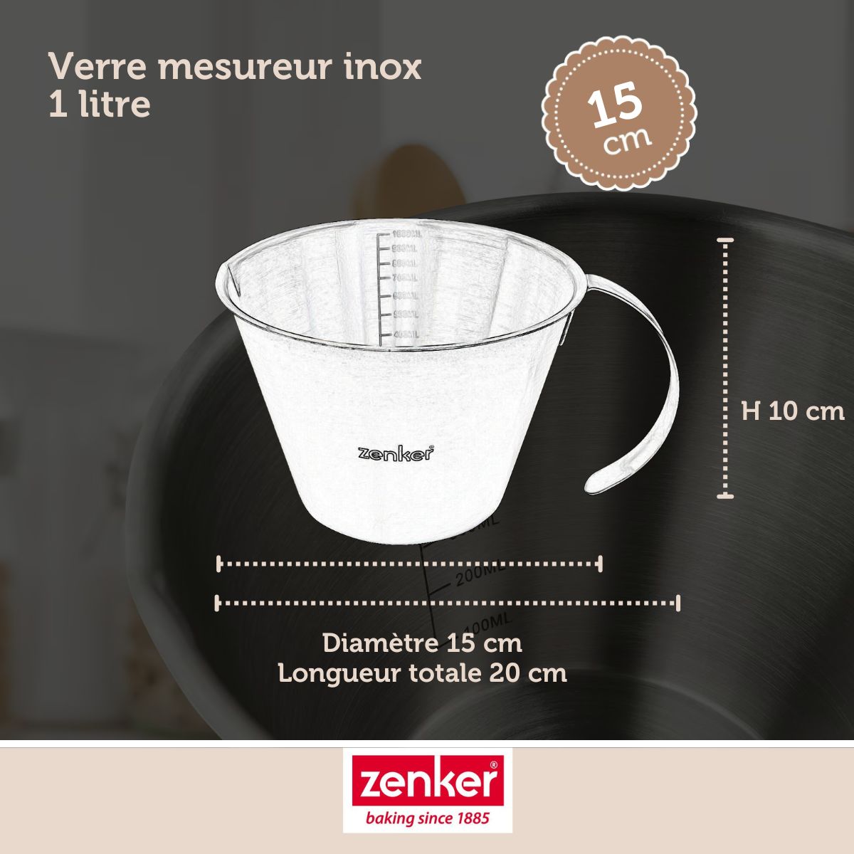 Verre doseur gradué en inox 1 litre Zenker