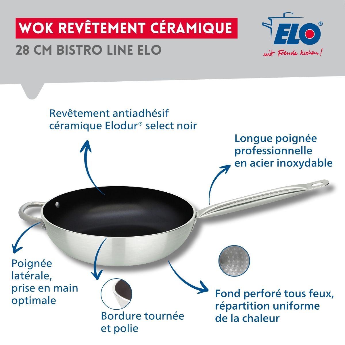 Wok avec revêtement céramique sans PFAS 28 cm Bistro Line Elo