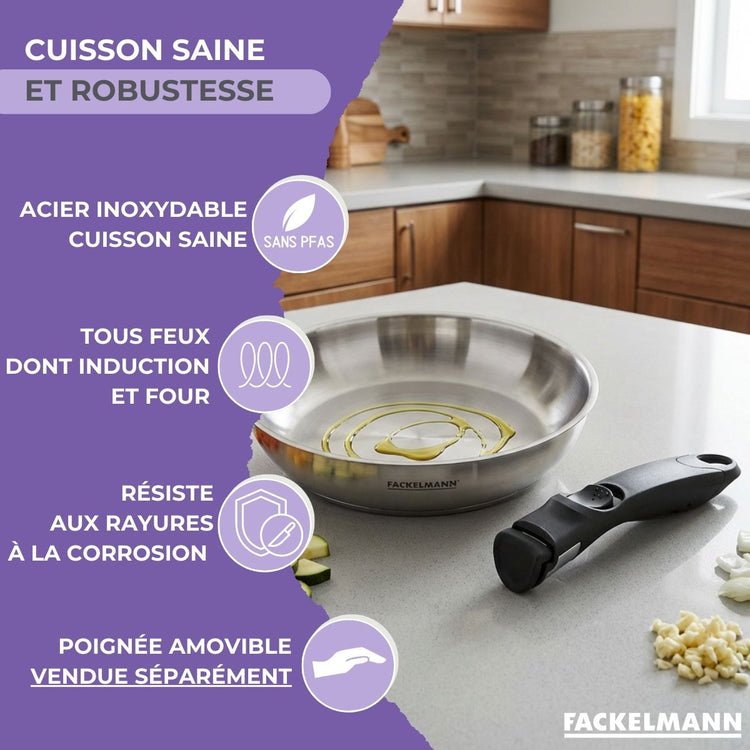 Poêle 24 cm en inox manche amovible Fackelmann InoGrip