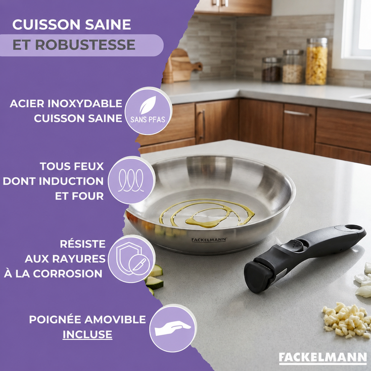 Lot de 2 poêles en inox de 24 cm et 28 cm avec manche amovible Fackelmann InoGrip