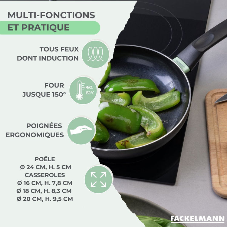 Lot 1 Poêle 24cm et 3 Casseroles 16/18/20cm Fackelmann Brandao avec 5 ustensiles