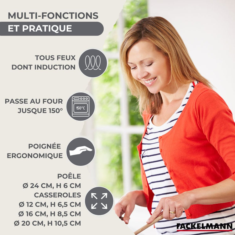 Lot Poêle 24cm et 3 Casseroles 12/16/20cm Fackelmann Généva avec 5 ustensiles