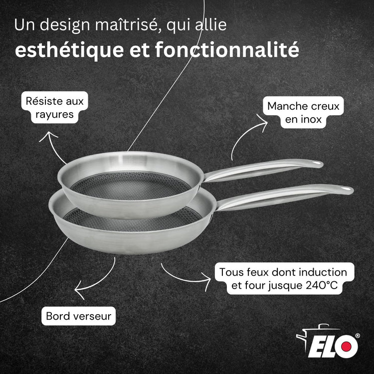 Lot de 2 poêles de cuisson 24/28 cm en acier inoxydable avec 2 couvercles Elo Relief Solution avec couvercles