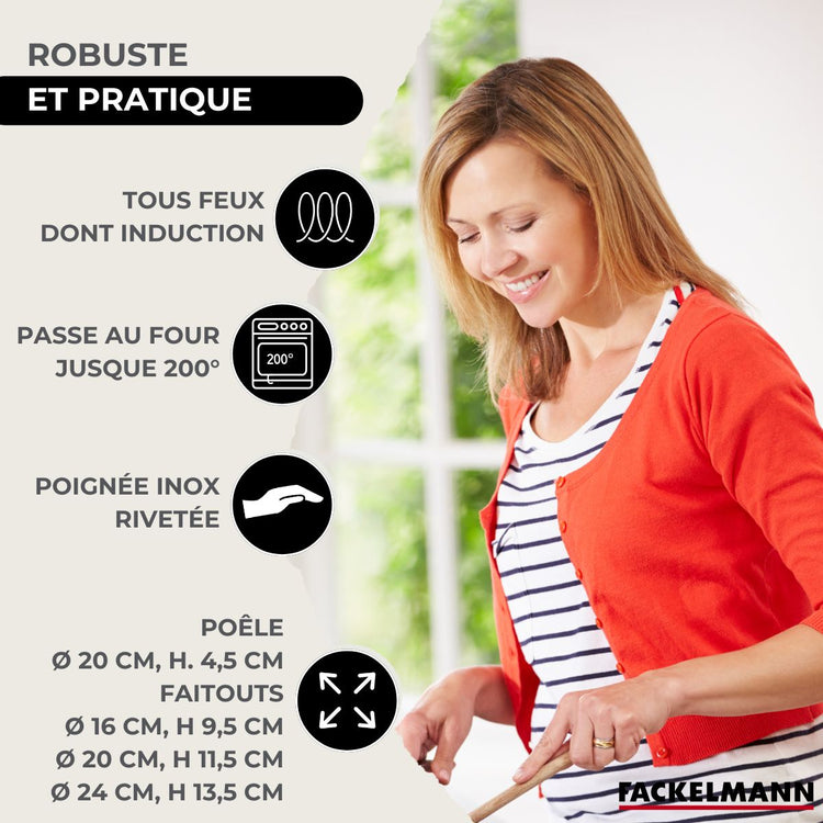 Set 1 poêle 20 cm en inox, 3 faitouts inox 16, 20 et 24 cm et 6 ustensiles RPET Fackelmann Eterna