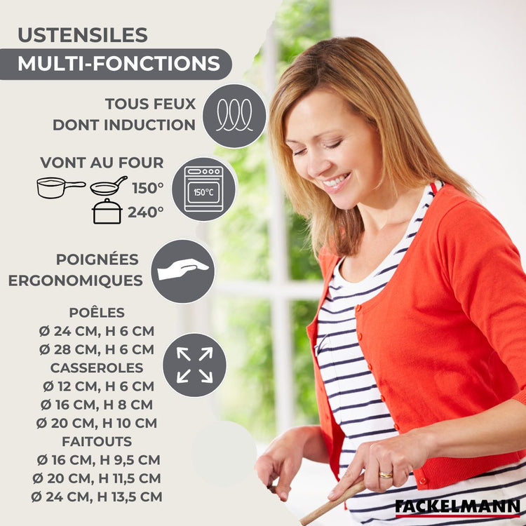 Batterie de cuisine avec 2 poêles 24/28 cm 3 casseroles 12/16/20 cm et 3 faitouts 16/20/24 cm en inox sans PFAS Fackelmann Généva Brillant