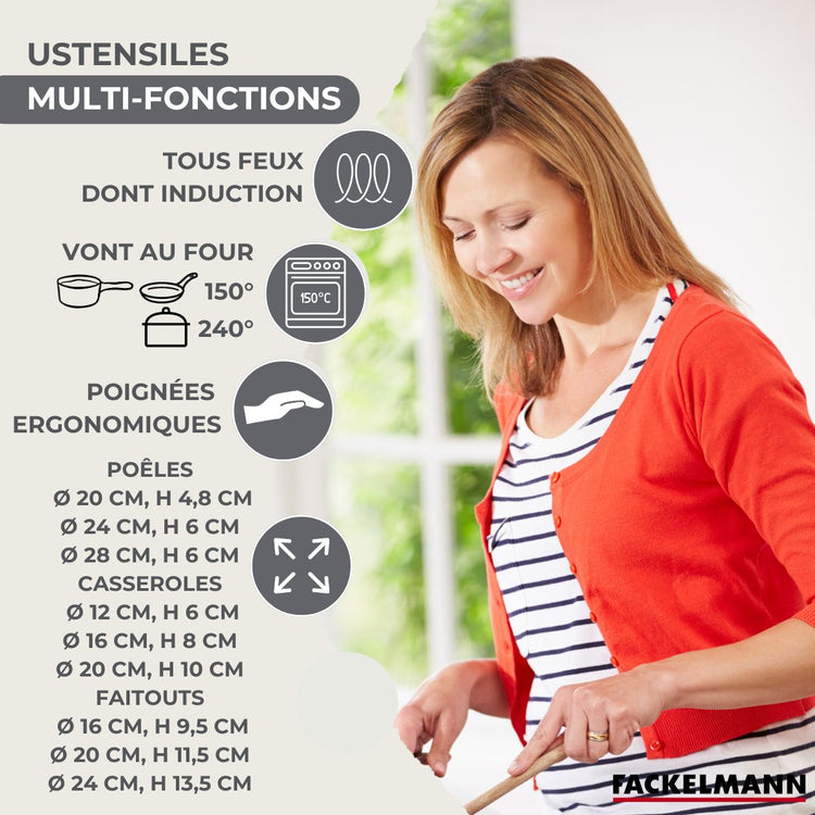 Set 3 poêles 20 24 28 cm 3 casseroles 12 16 20 cm, 3 faitouts 16, 20 et 24 cm en inox et 6 ustensiles RPET Fackelmann Geneva
