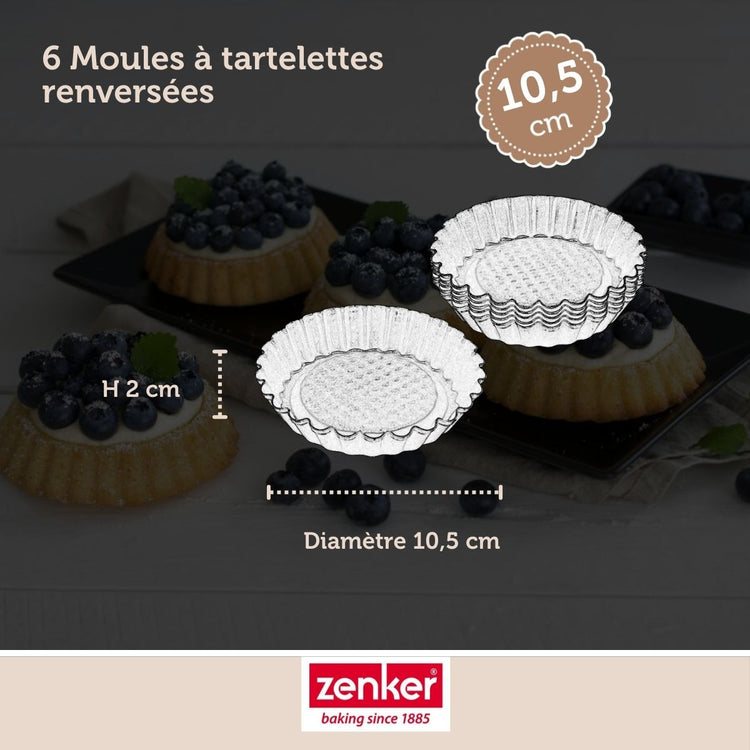 Set pâtisserie avec 6 moules à tartelettes renversées 10 cm, 2 bols à mixer, verre mesureur et spatule Zenker