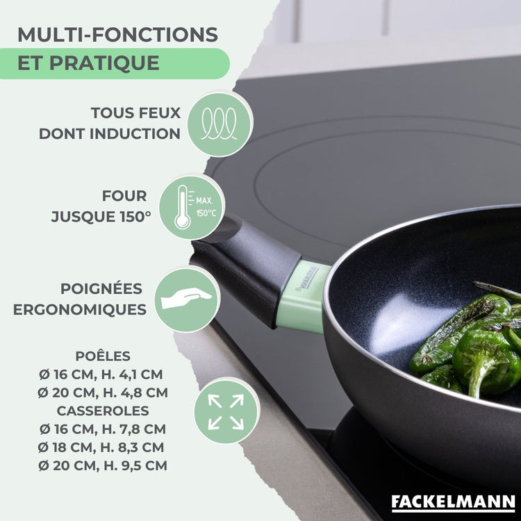Set de 2 poêles 16 et 20 cm, 3 casseroles céramique 16, 18 et 20 cm et 6 ustensiles Fackelmann Brandao