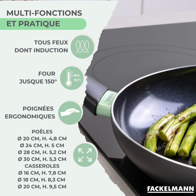 Set de 4 poêles 20 24 28 et 30 cm et 3 casseroles 16, 18 et 20 cm antiadhésives céramique et 6 ustensiles Fackelmann Brandao