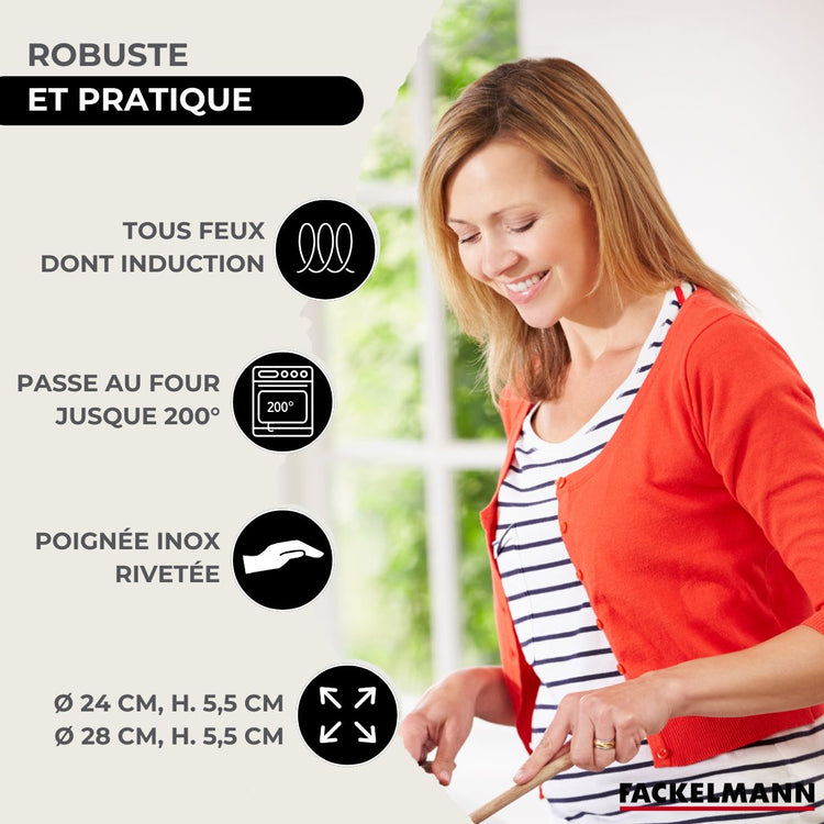 Set de 2 poêles 24 et 28 cm en inox, 2 couvercles verre et 6 ustensiles inox Fackelmann Eterna