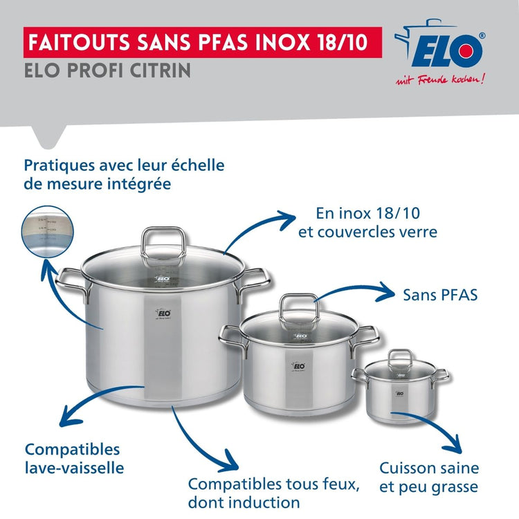 Ensemble de 2 Poêles de cuisson 24 et 32 cm et 3 faitouts 12, 20 et 26 cm Elo Profi Citrin