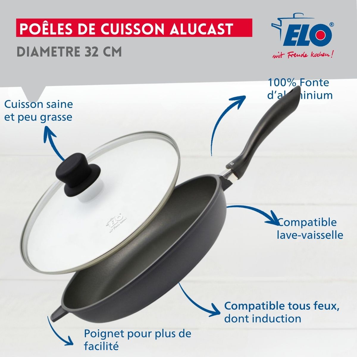 Poêle à frire 32 cm en aluminium pressé avec couvercle en verre Elo Alucast