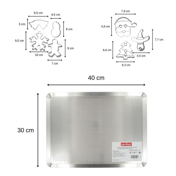 Plaque de cuisson four microperforée de 40 x 30 cm et 7 emporte-pièces de Noël inox Zenker Noël