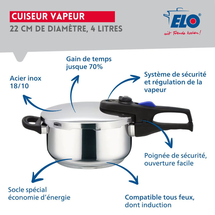 Autocuiseur vapeur en acier inoxydable 18/10 22 cm 4 litres Elo Praktika