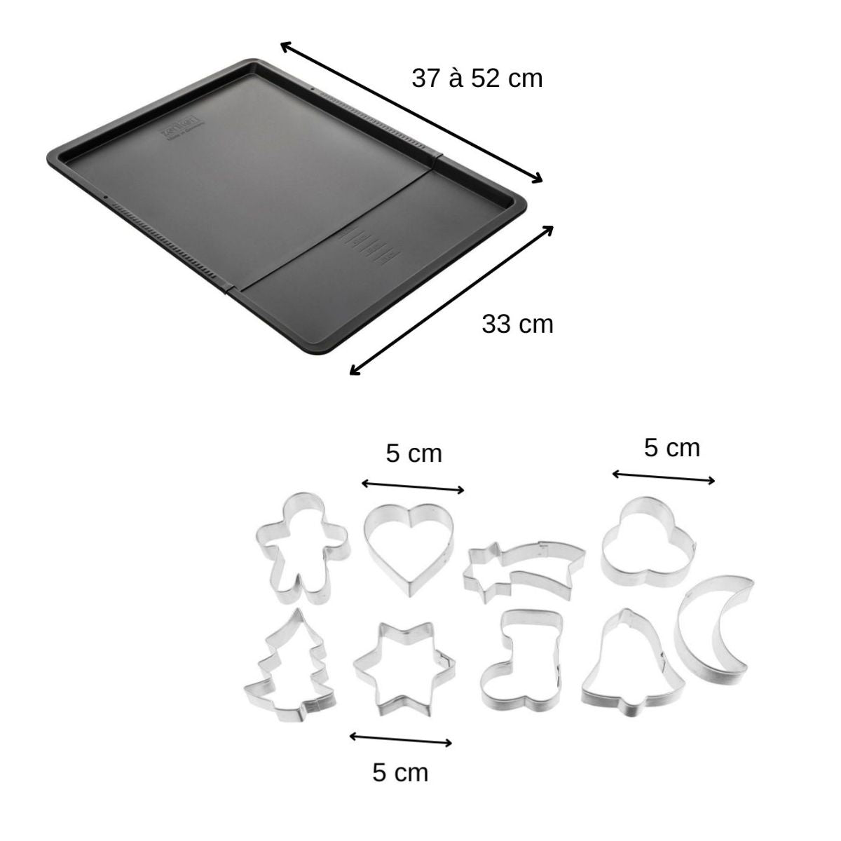Ensemble avec plaque à pâtisserie extensible et 9 emporte-pièces sur cintre Zenker