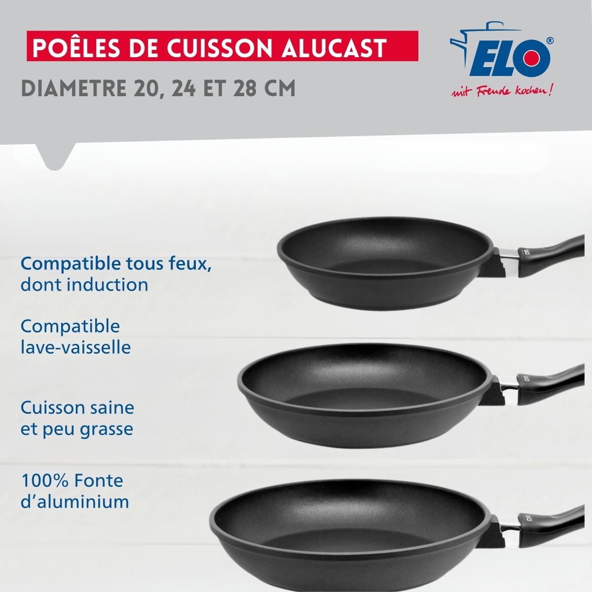 Set de 3 poêles à frire de 20 cm 24 cm et 28 cm Elo Alucast