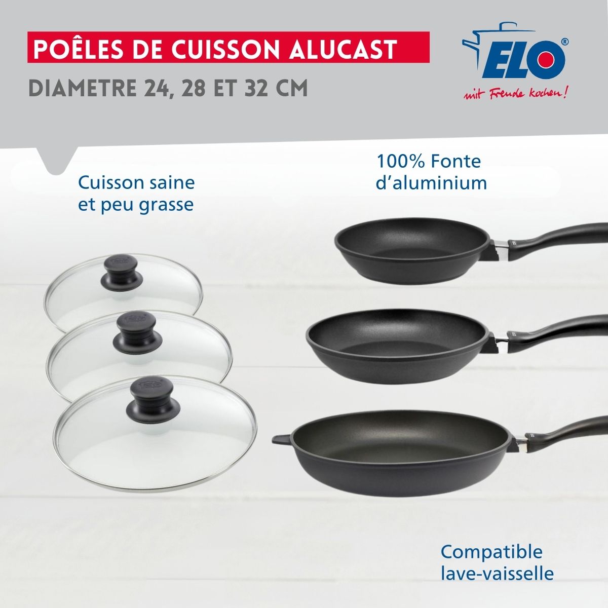 Ensemble de 3 poêles à frire et 3 couvercles en verre de 24 cm 28 cm et 32 cm Elo Alucast