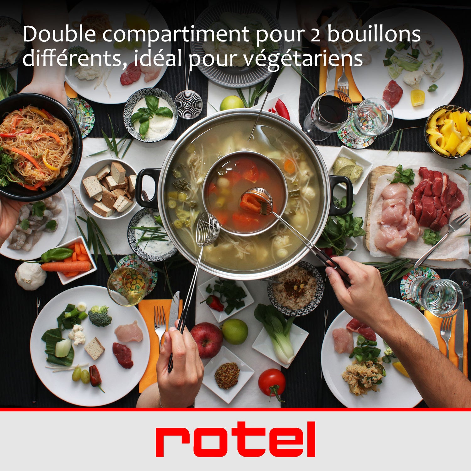 Appareil à fondue chinoise 2 compartiments avec fourchettes et passoires Rotel