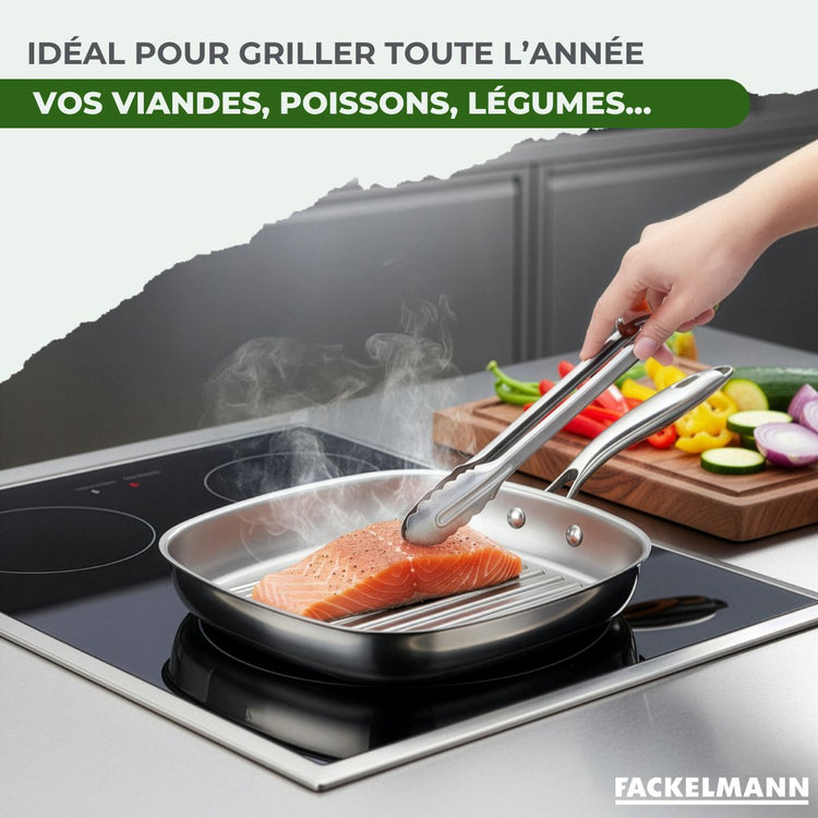 Poêle à Frire 26 cm et Gril 28 cm inox 18/10 Triply et couvercle Fackelmann Vita3