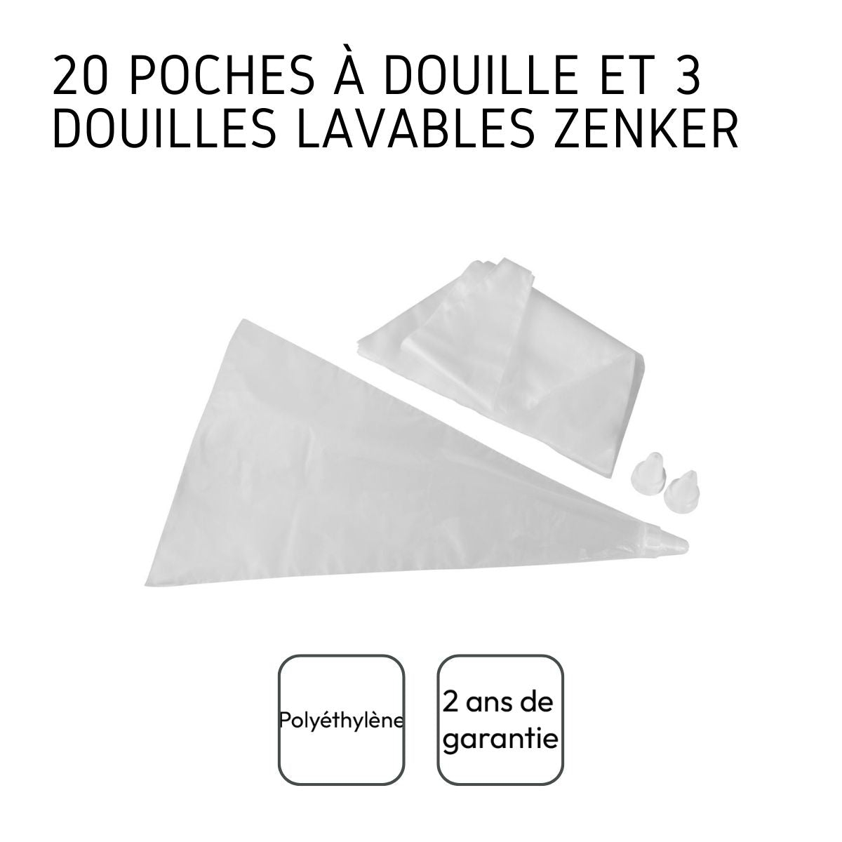 Lot de 20 poches à douille jetables et 3 embouts plastique réutilisables Zenker