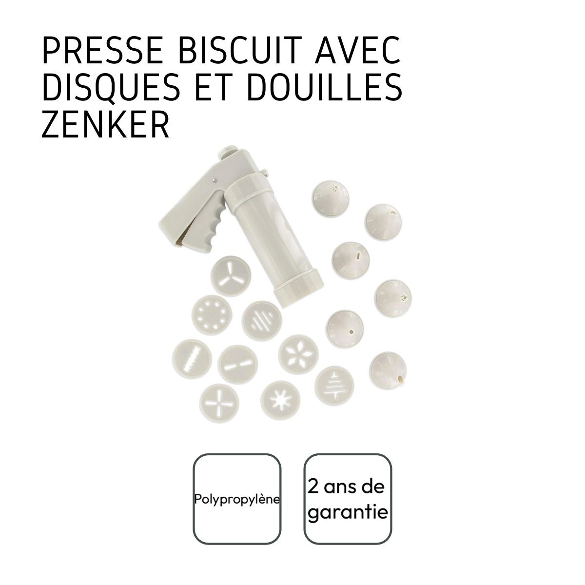 Presse à biscuit professionnelle avec 6 embouts et 10 disques à motifs Zenker