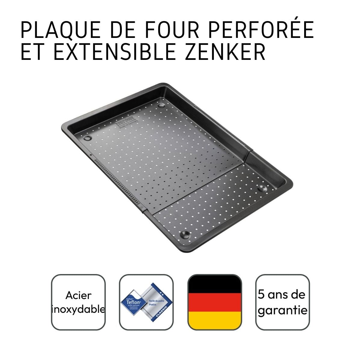 Plaque à pizza rectangulaire perforée extensible 37 à 52 x 33 cm Zenker Black Metallic