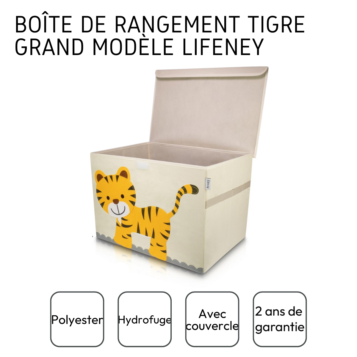 Boîte de rangement "tigre" avec grand couvercle, 51 x 36 x 36 cm Lifeney