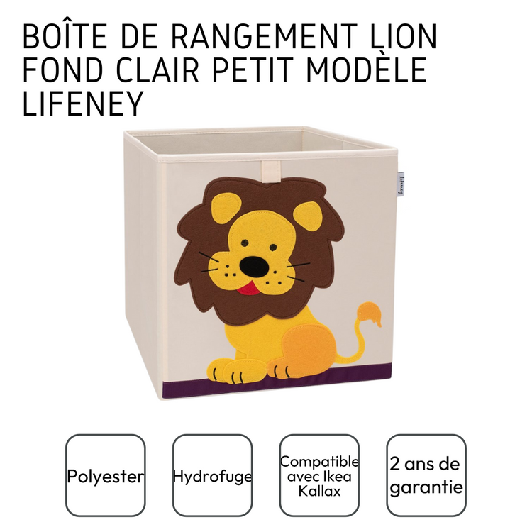 Boîte de rangement "lion" sur fond clair, compatible avec l'étagère IKEA KALLAX Lifeney
