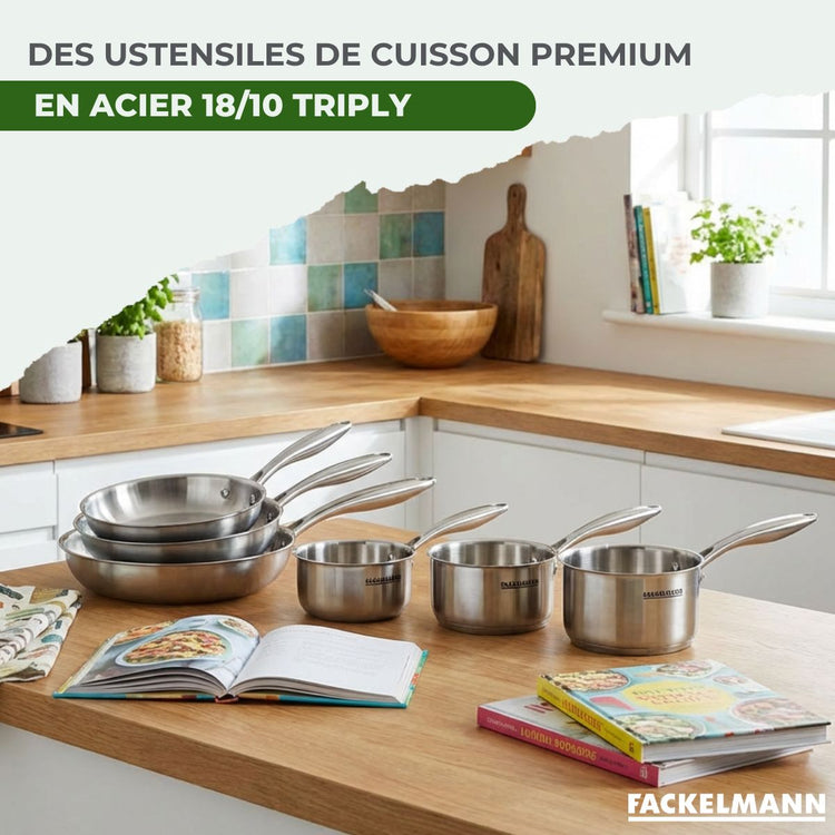 Poêles à Frire 24 et 28 cm, Casseroles 14 et 18 cm, Wok 28 cm inox 18/10 Triply et 2 couvercles Fackelmann Vita3