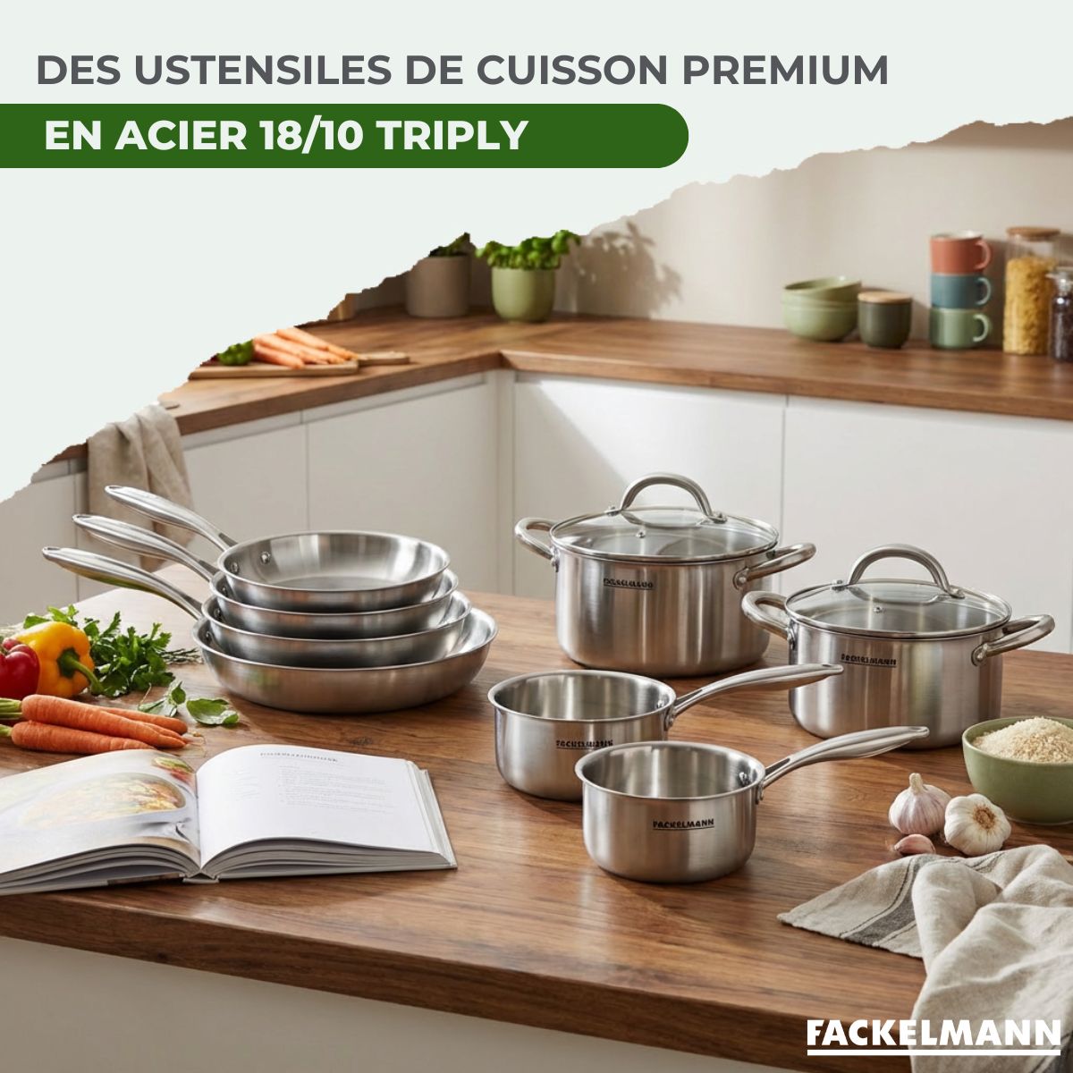 Batterie de cuisine avec 2 poêles 24/26 cm 2 casseroles 14/18 cm et 2 faitouts 20/24 cm sans PFAS Fackelmann Vita3