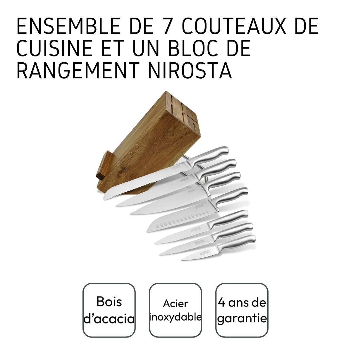 Ensemble de 7 couteaux de cuisine professionnels et un bloc de rangement Nirosta