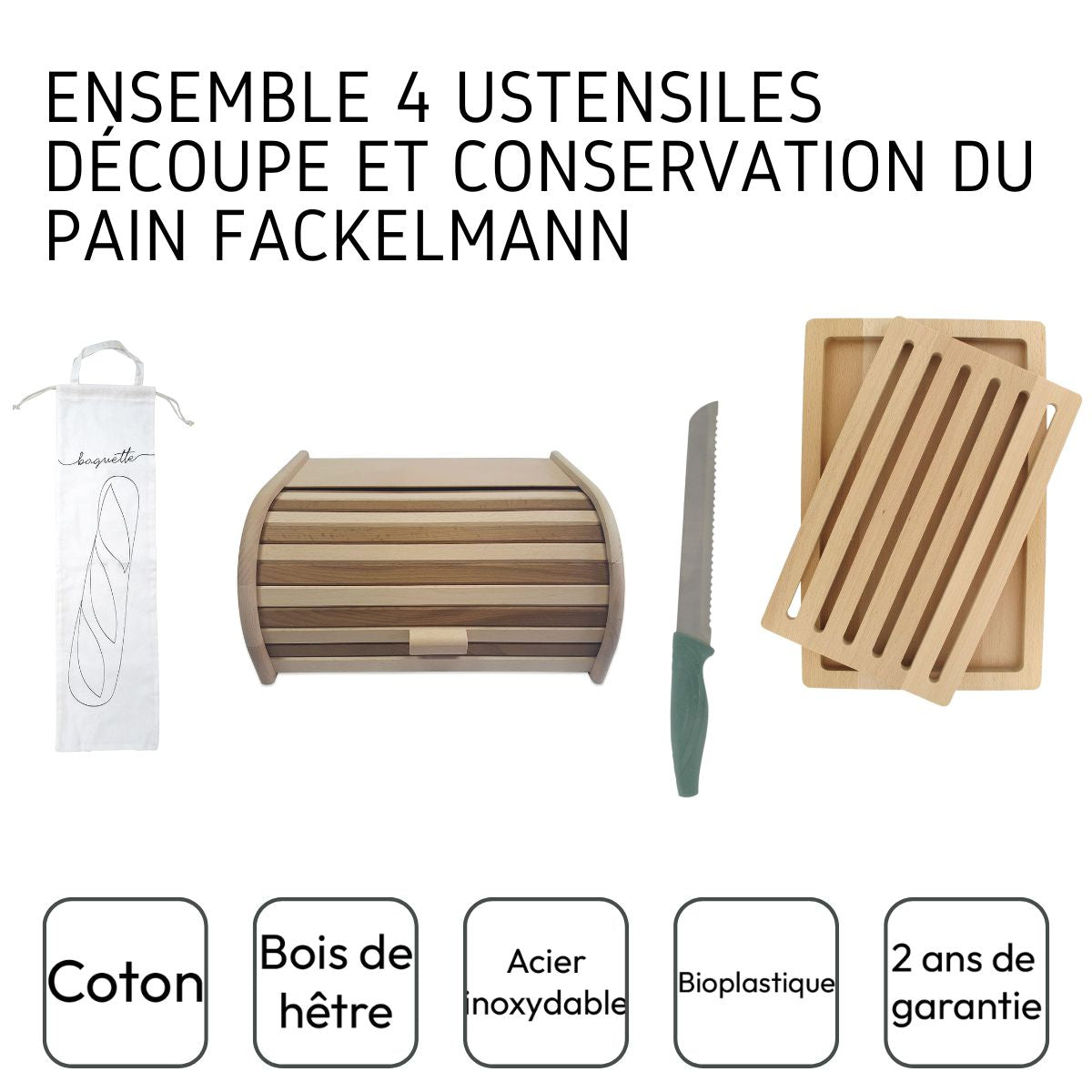 Ensemble 4 ustensiles pour découpe et conservation du pain Fackelmann