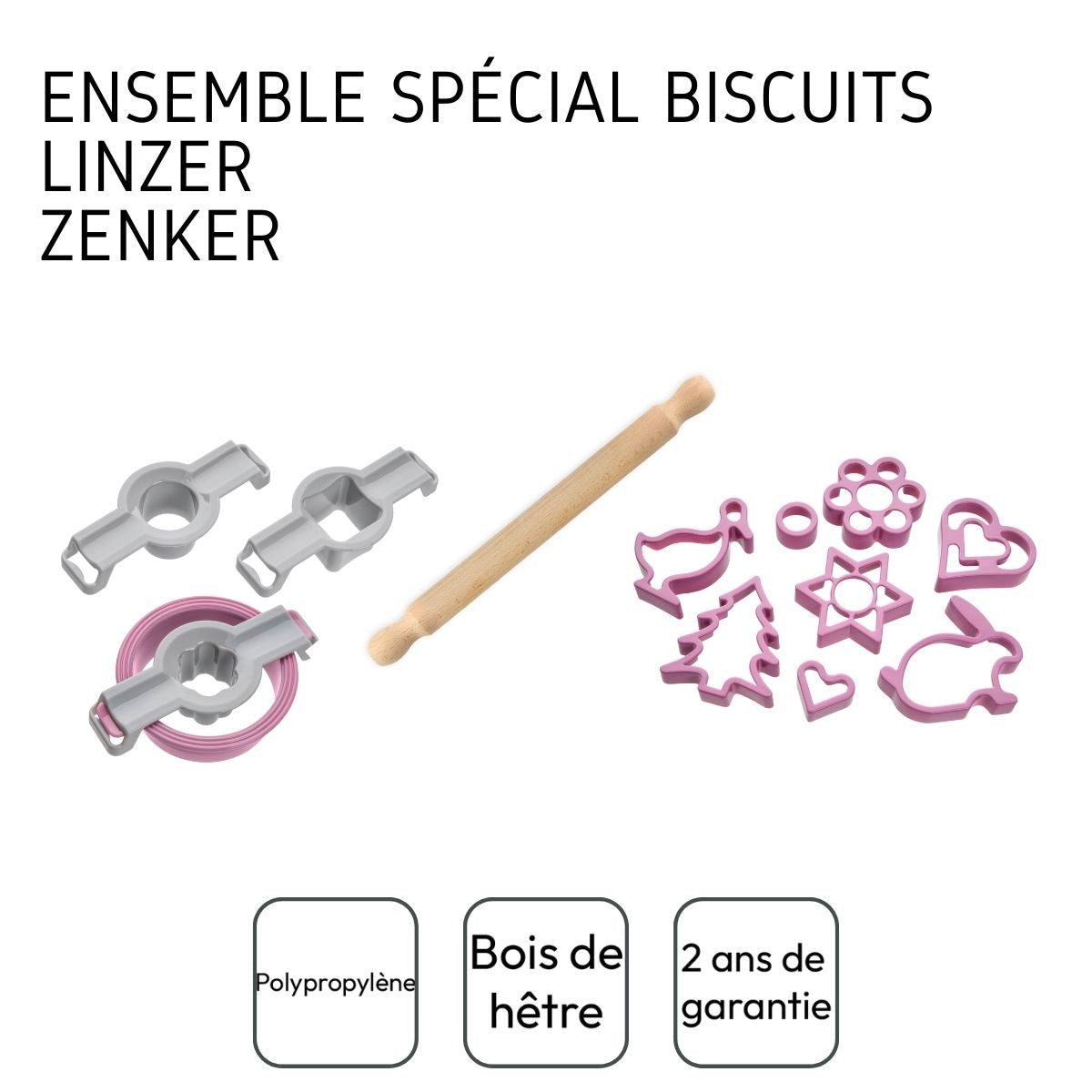 Ensemble pour biscuits Linzer emporte pièces et rouleau en bois Zenker 