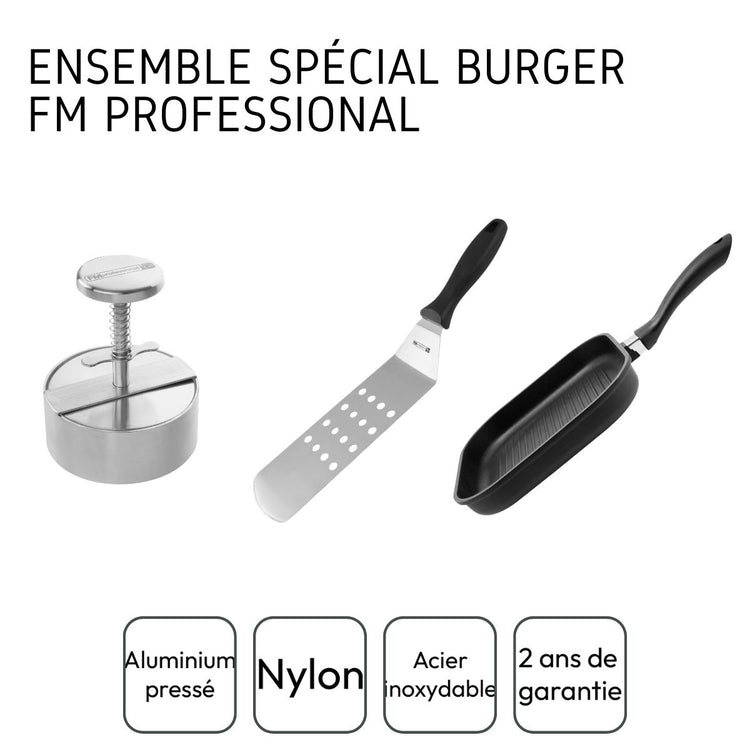 Ensemble spécial burger avec presse, poêle et spatule FM Professional