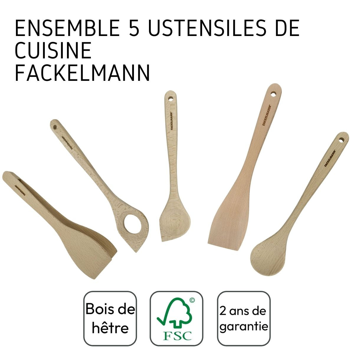 Ensemble de pince, spatule et cuillères en bois FSC Fackelmann Eco Friendly
