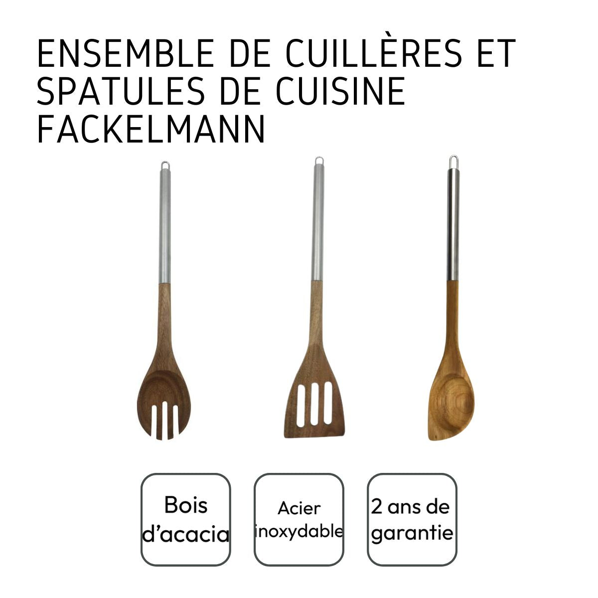 Ensemble de 3 cuillères et spatules de cuisine en bois et inox Fackelmann Synthesis